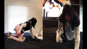 Crossdresser Maid in White Stockings - Dildo in Her Asshole