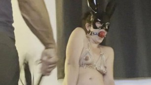 Slave Wifey is ball gagged and gets titties whipped