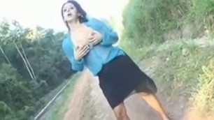 Sexy deep throat blowjob by bitch on railway track